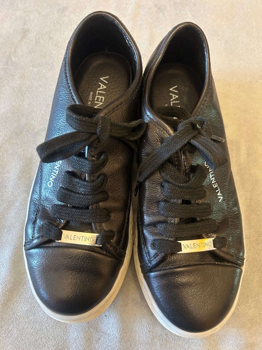 Valentino Black Leather Sneakers Wide White Sole Designer Shoes Size 7